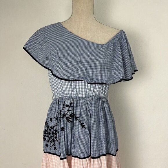 Hemant & Nandita Melantha Blue Pink Check Print One Shoulder Ruffle Dress Size M - Picture 8 of 11